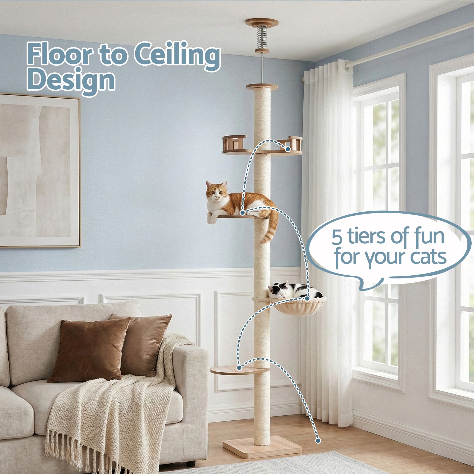 Summit Floor-to-Ceiling Cat Tree – Beige – 270 cm