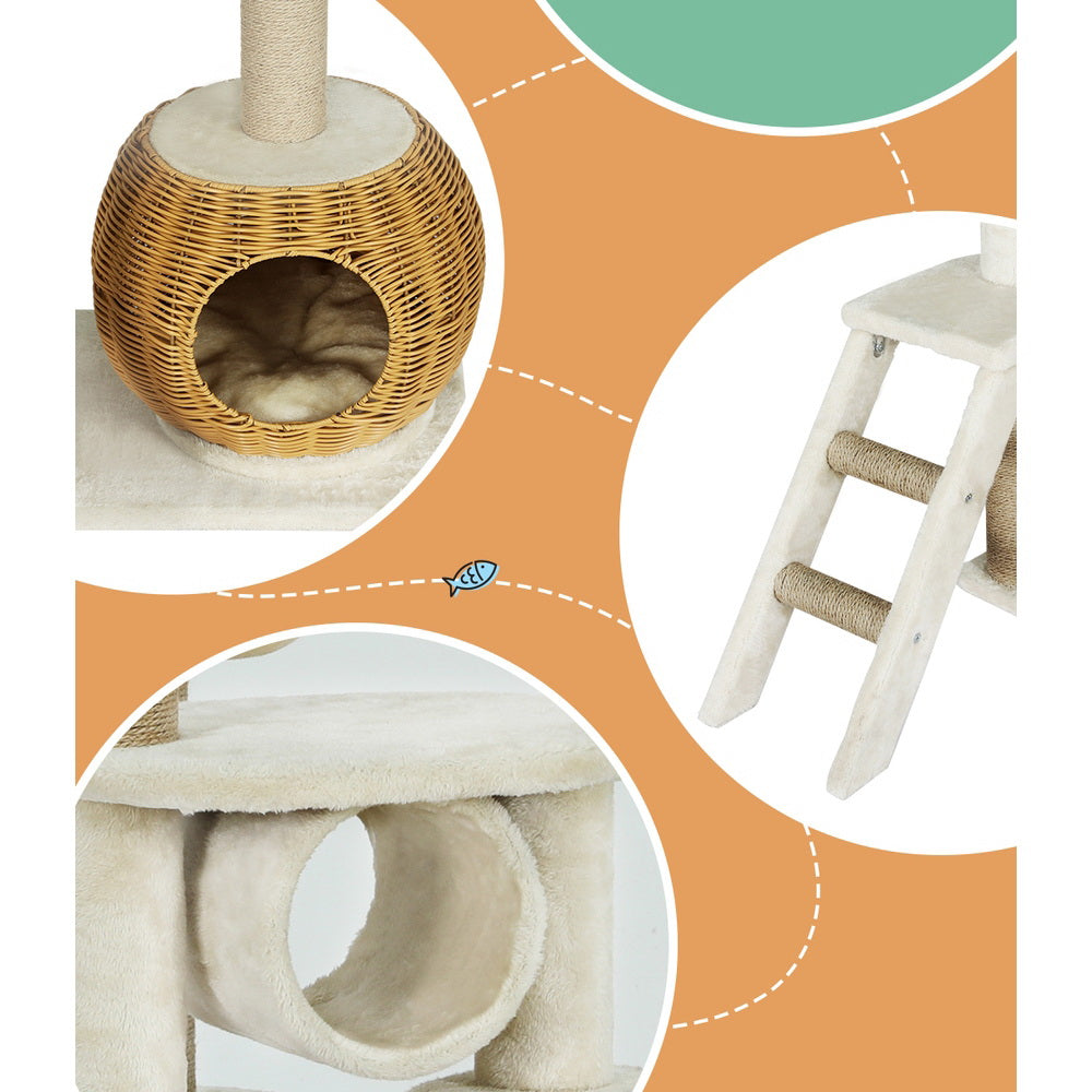 Havana Cat Tree Tower with Rattan Ladder – Beige – 138 cm