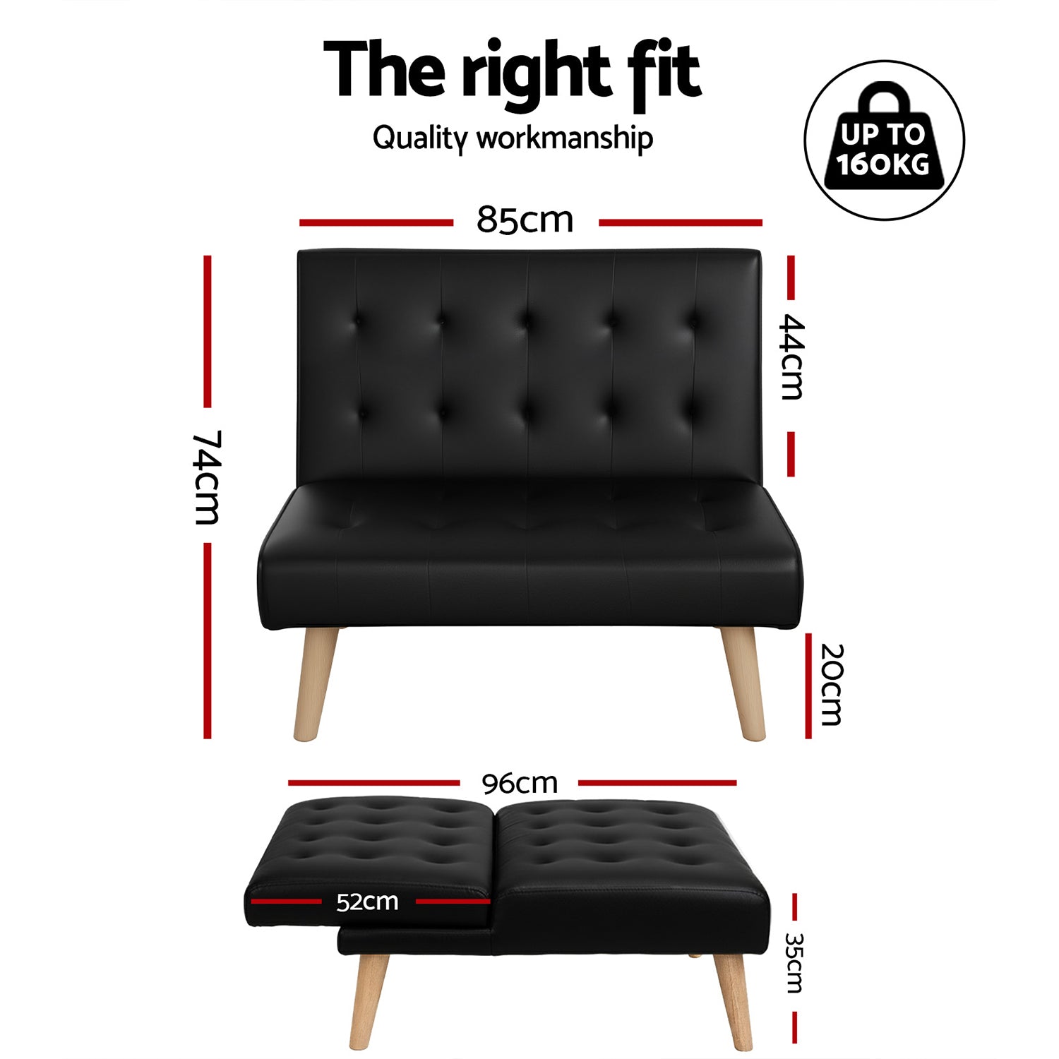Meridian Recliner Sofa Bed – Black – Single Seater