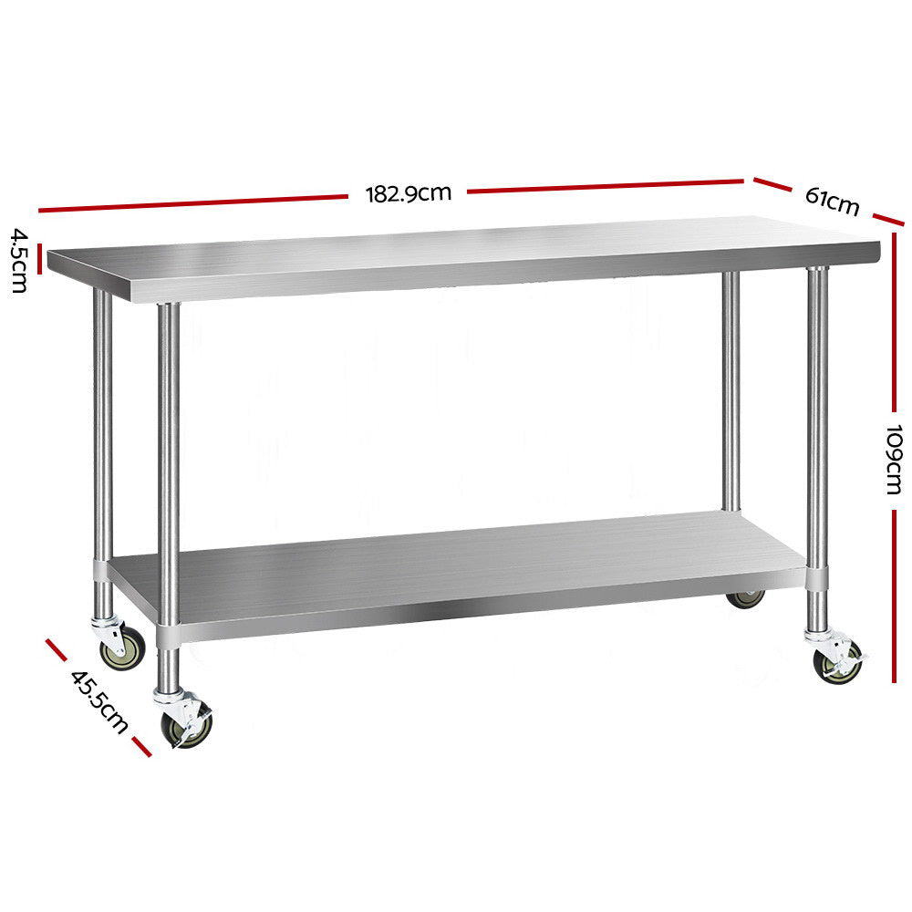 Halston Stainless Steel Kitchen Bench with Wheels – 1829x610mm