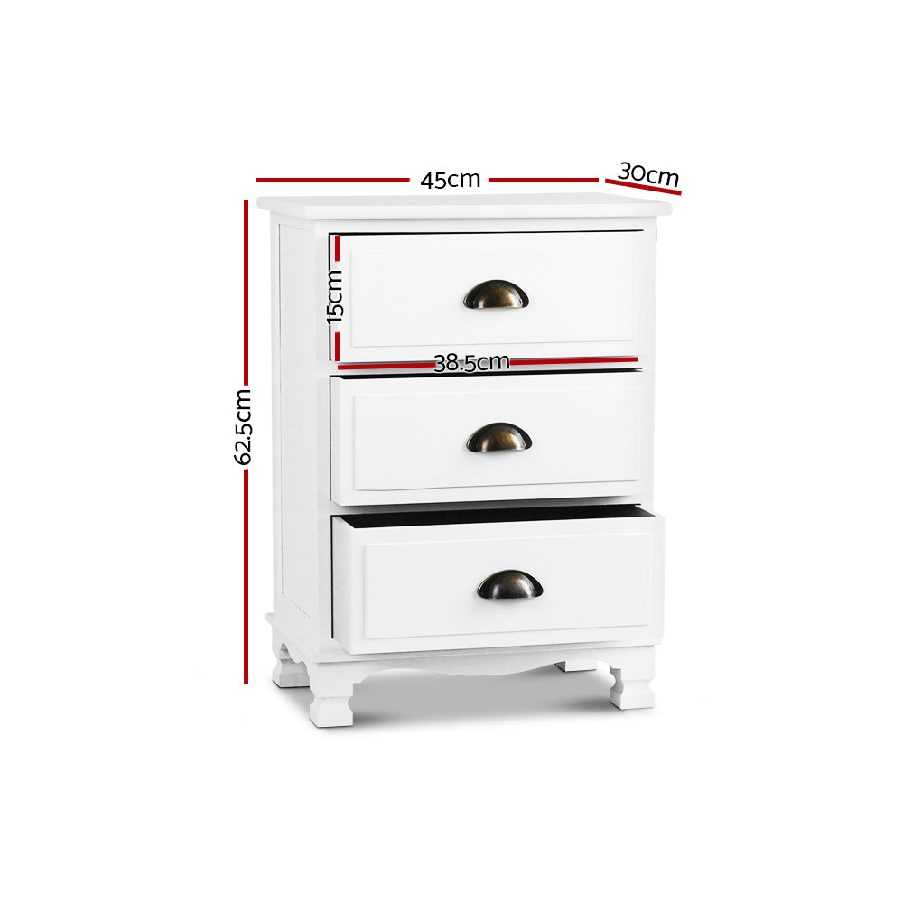 Cordelia Vintage Bedside Table – White – 3 Drawers