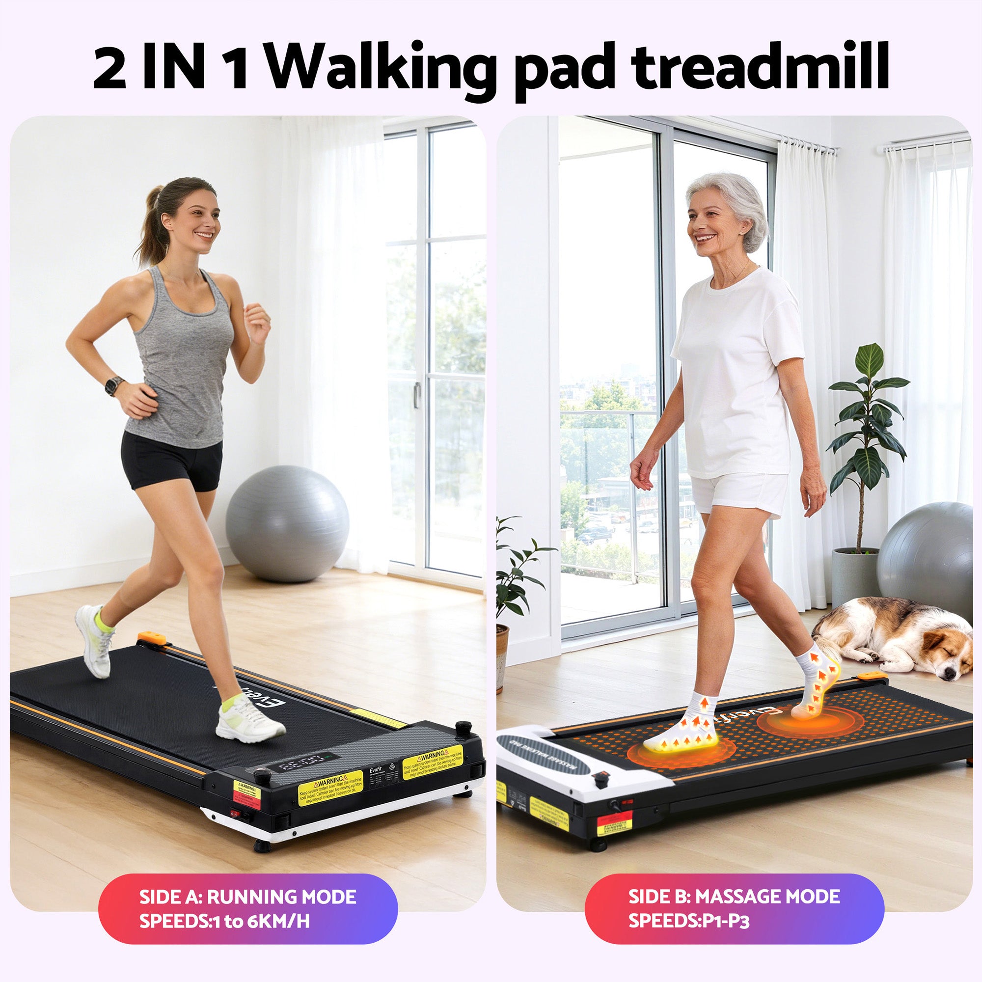 Cove Walking Pad Treadmill with Massage Function – Black – 380mm