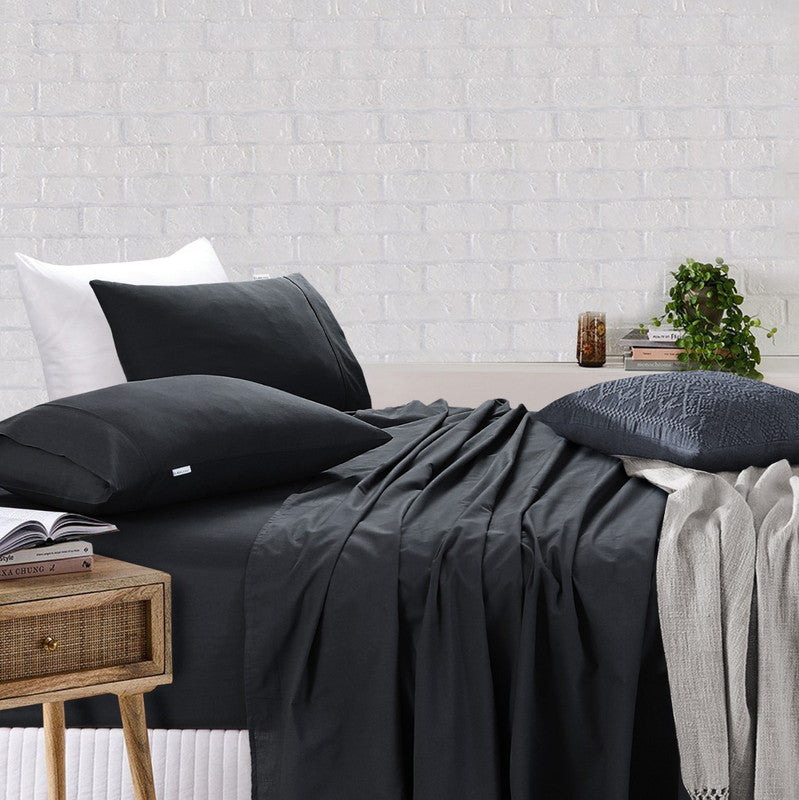 Cove 100% Egyptian Cotton Vintage Washed 500TC Charcoal Bed Sheets Set – Single