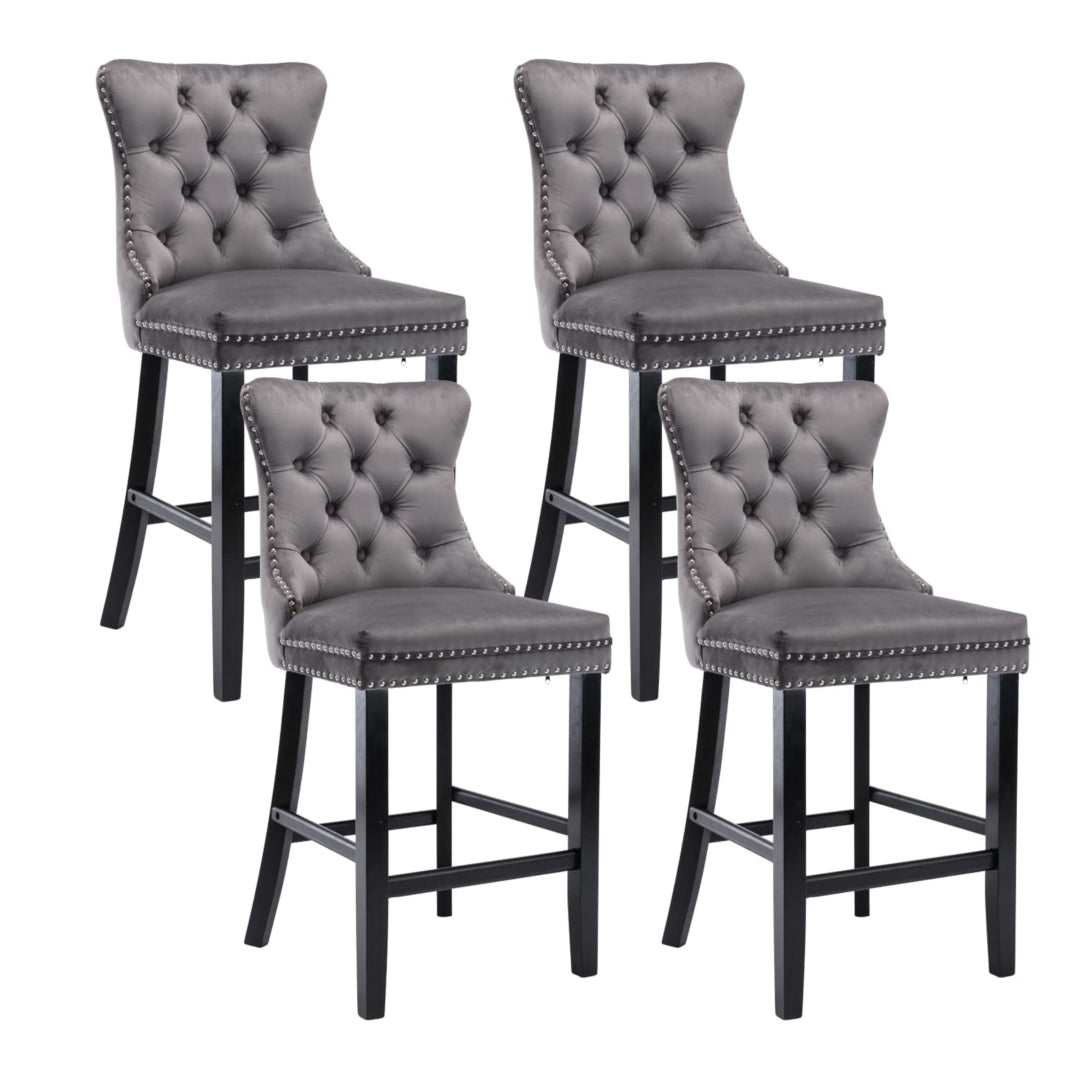 Arlo 4X Velvet Bar Stools with Studs Trim Wooden Legs Tufted Dining Chairs Kitchen