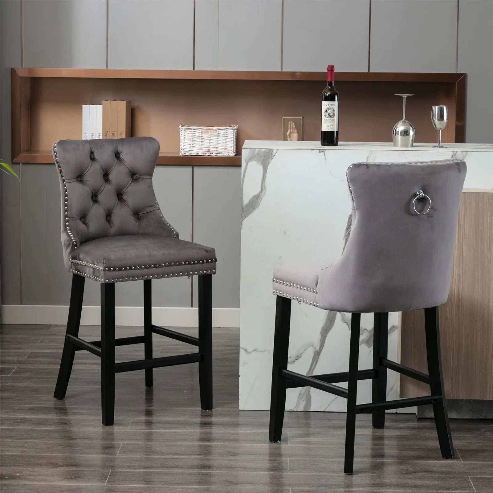 Haven 2X Velvet Bar Stools with Studs Trim Wooden Legs Tufted Dining Chairs Kitchen
