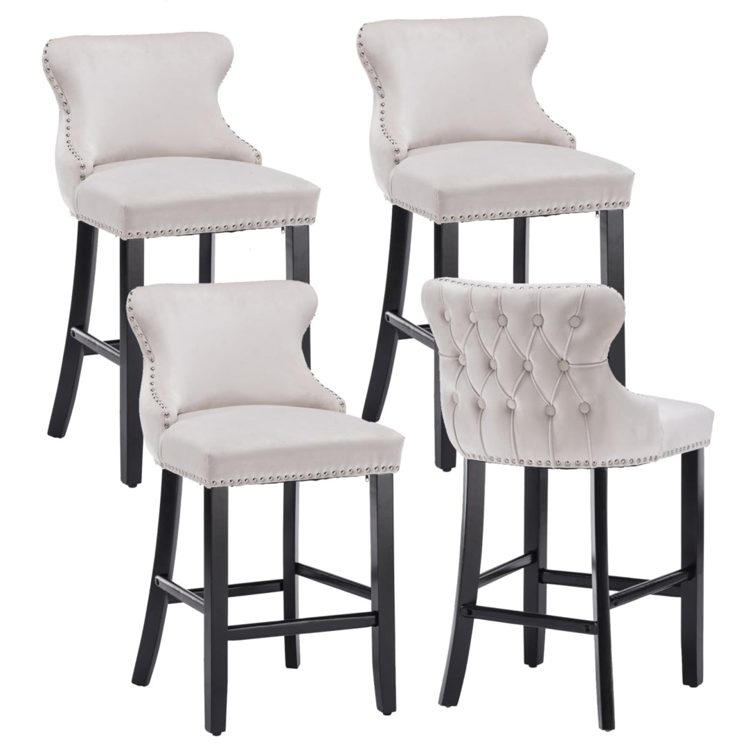 Arlo 4x Velvet Upholstered Button Tufted Bar Stools with Wood Legs and Studs - Beige
