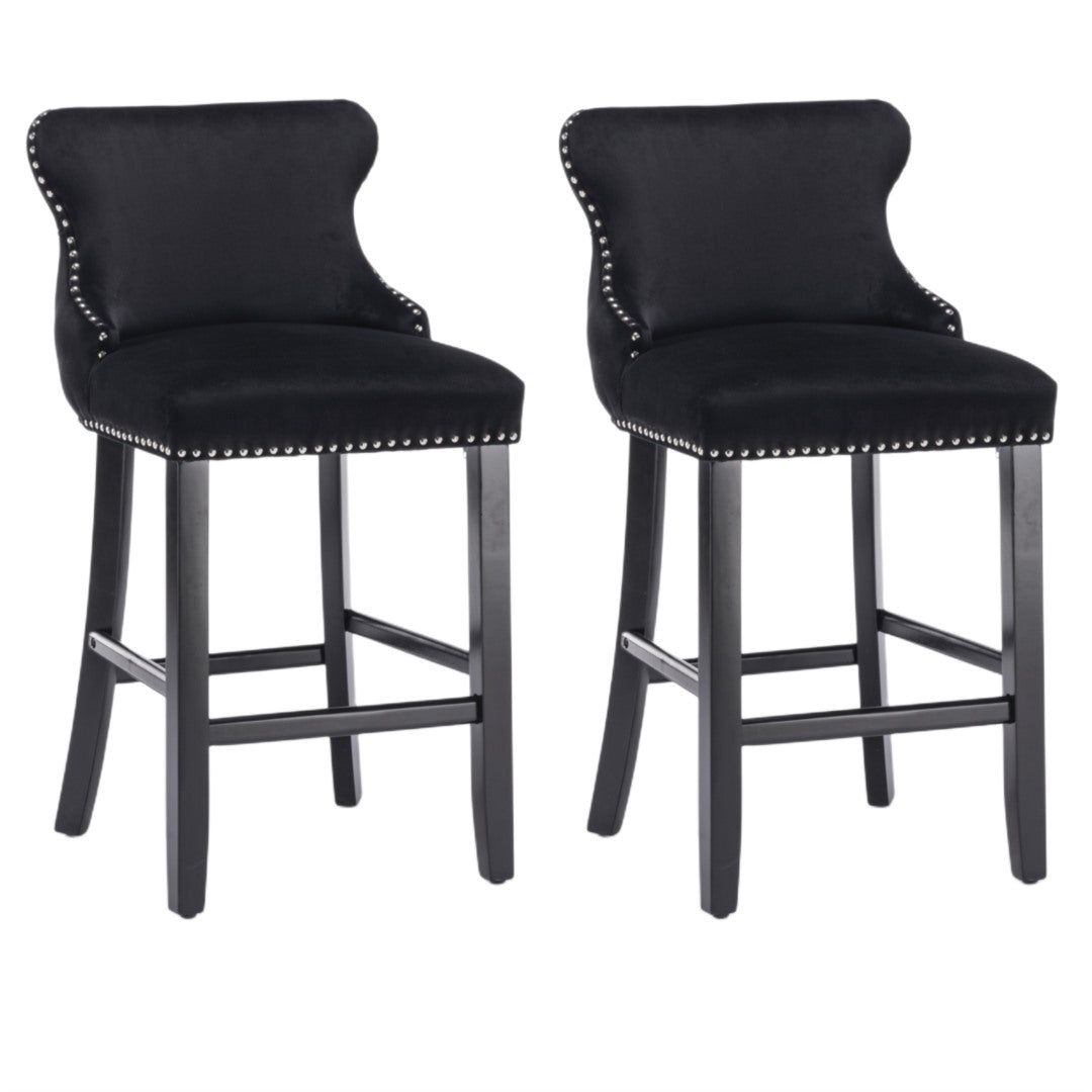 Arlo 2x Velvet Upholstered Button Tufted Bar Stools with Wood Legs and Studs - Black