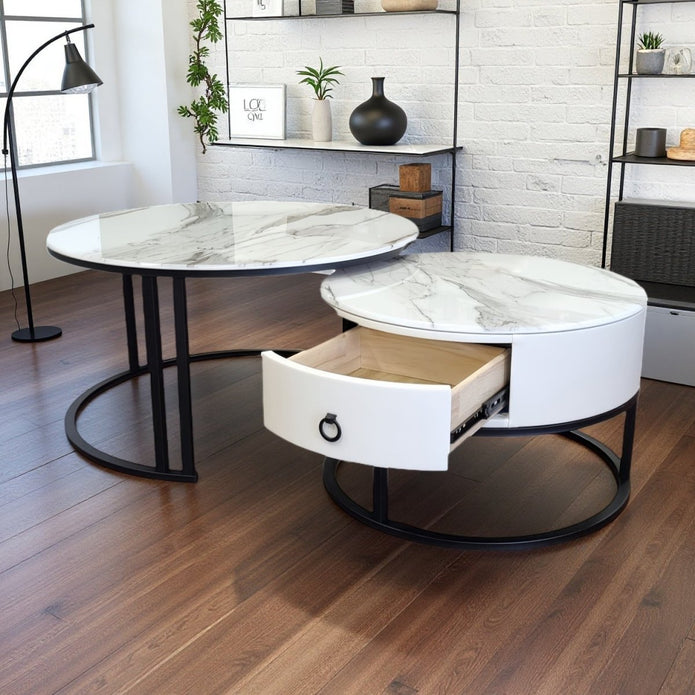Alderon Nesting Coffee Table Set – Black & White – Set of 2