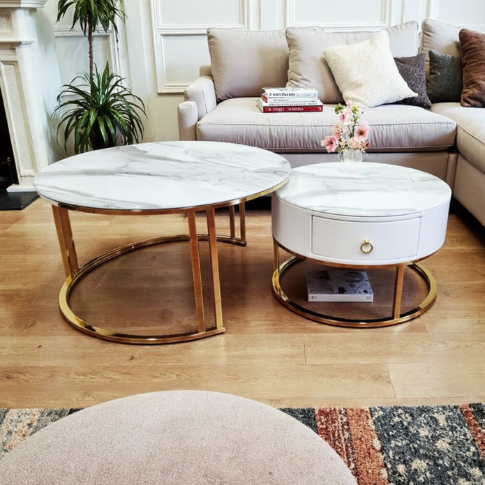 Alderon Nesting Coffee Table Set – Gold & Black – Set of 2