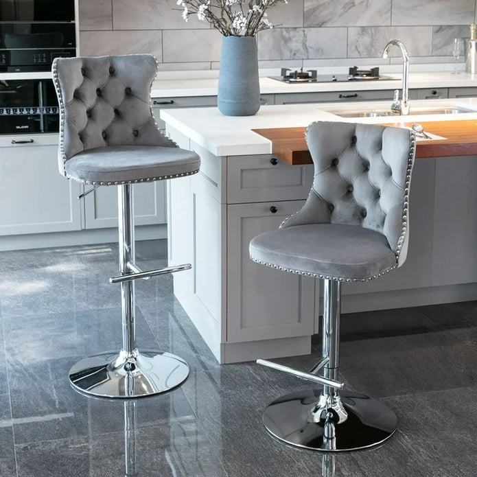 Linden Velvet Swivel Bar Stools – Grey – Set of 2