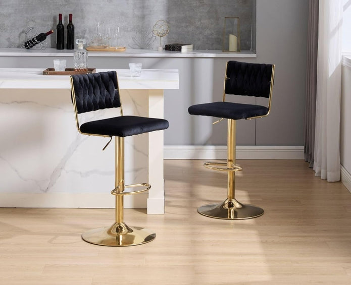 Haven SERENITà 2x Velvet Bar Stools with Braided Back Elegant Kitchen High Chairs, Kitchen Island Stools Adjustable Height Swivel Bar Chairs with Gold Legs for Home - Black