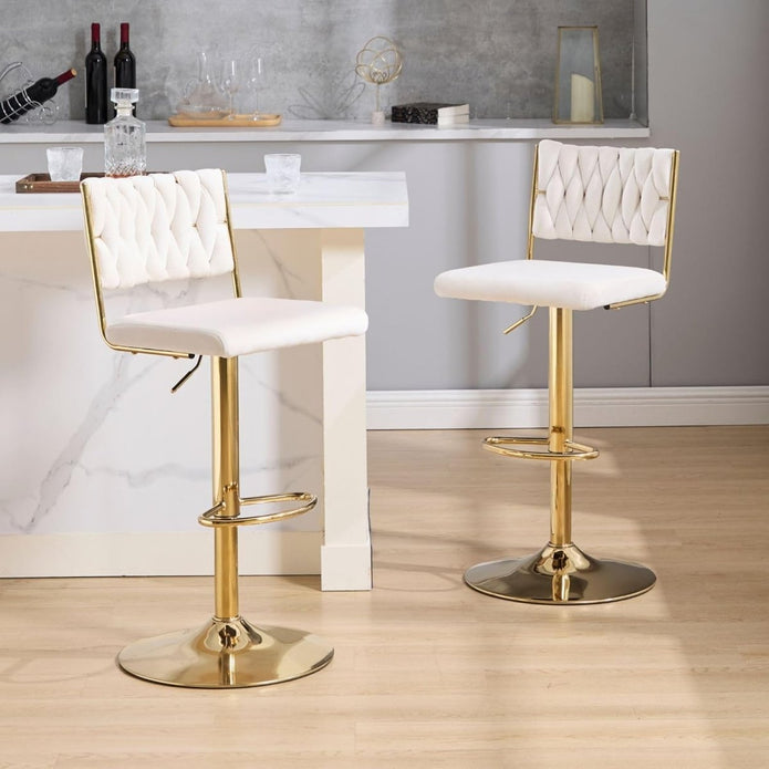 Cove SERENITà 2x Velvet Bar Stools with Braided Back Elegant Kitchen High Chairs, Kitchen Island Stools Adjustable Height Swivel Bar Chairs with Gold Legs for Home - White