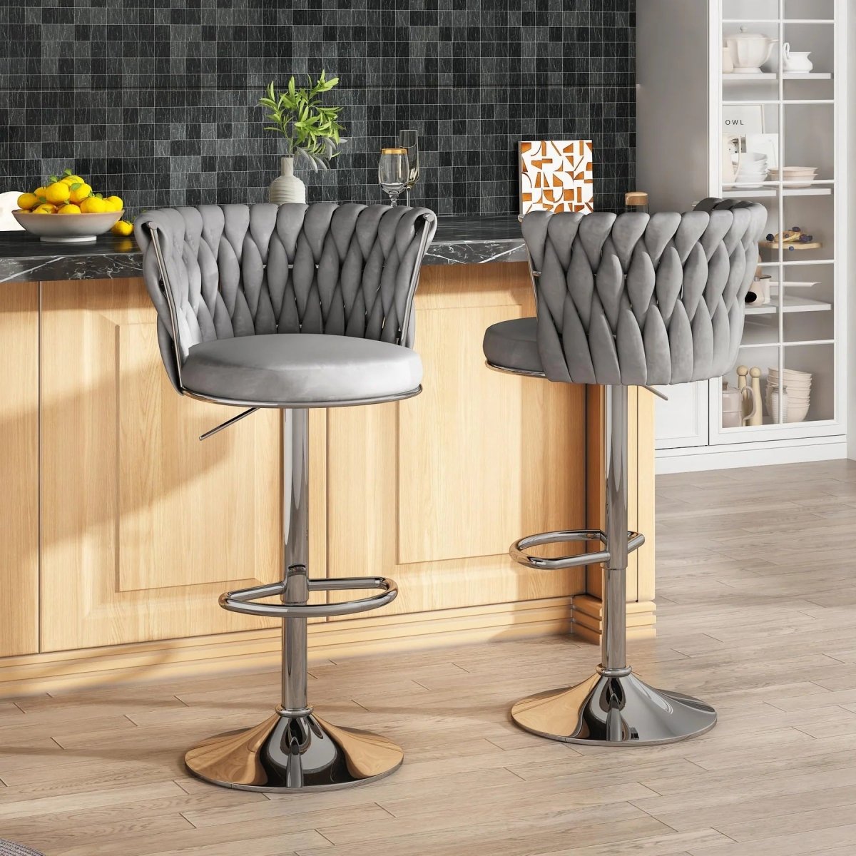 Meridian Velvet Swivel Counter Stools – Grey – Set of 2