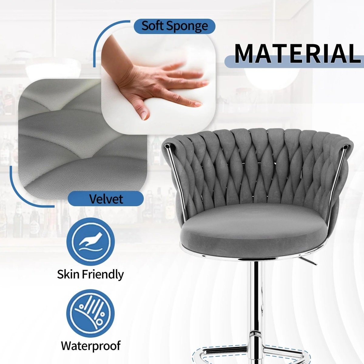 Meridian Velvet Swivel Counter Stools – Grey – Set of 2