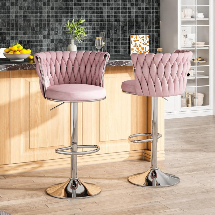 Haven SERENITà Modern Silver Swivel Upholstered Velvet Adjustable Height Counter Stool with Metal Frame Pink (Set of 2)