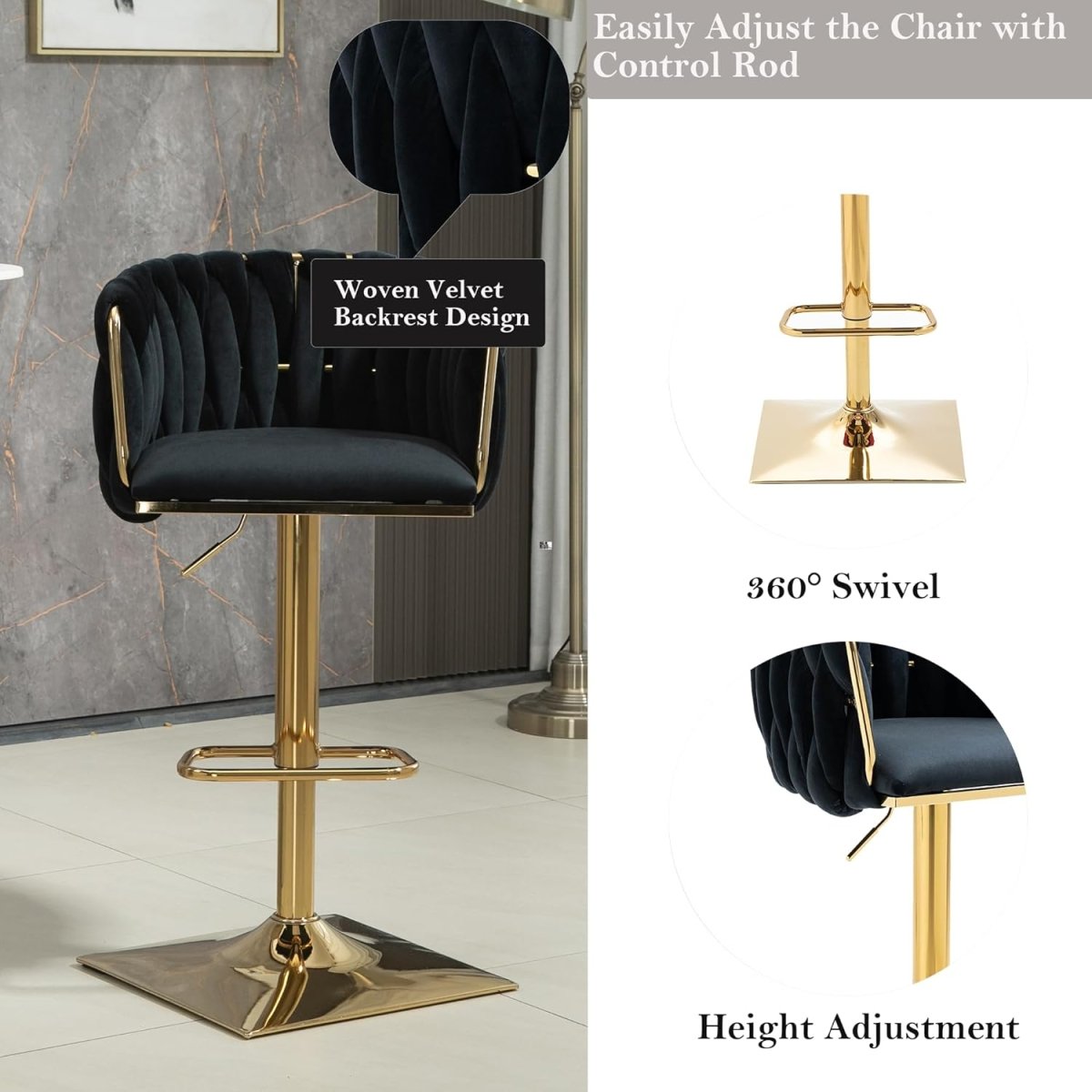 Cove Velvet Swivel Bar Stools – Black – Set of 2