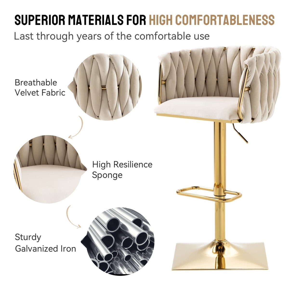 Linden Velvet Swivel Bar Stools – Beige – Set of 2