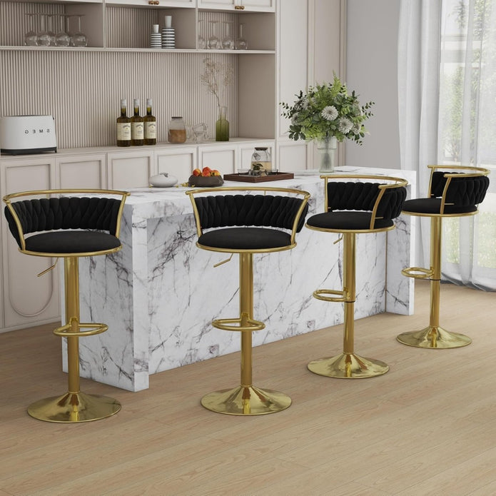 Valentina Velvet Swivel Bar Stool – Black with Gold Base – Set of 2