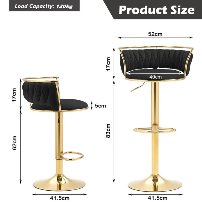 Valentina Velvet Swivel Bar Stool – Black with Gold Base – Set of 2