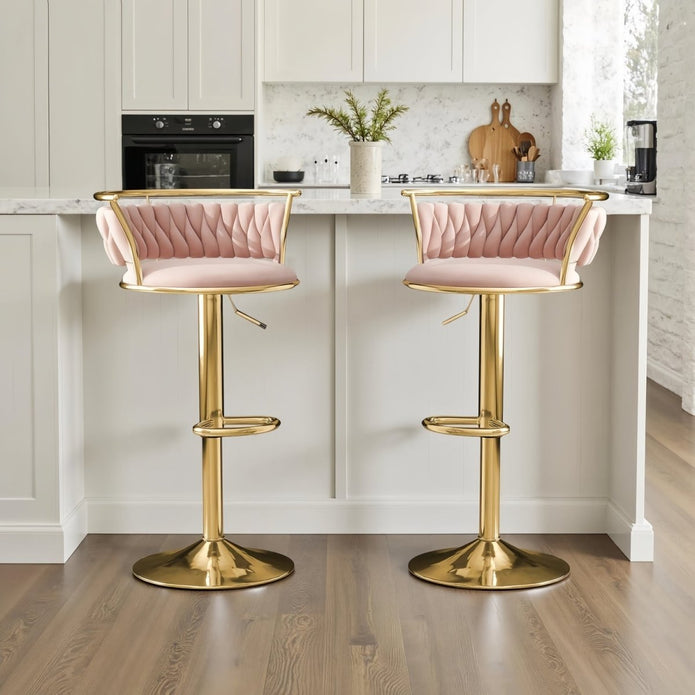 Valentina Velvet Swivel Counter Stool – Pink with Gold Base – Set of 2