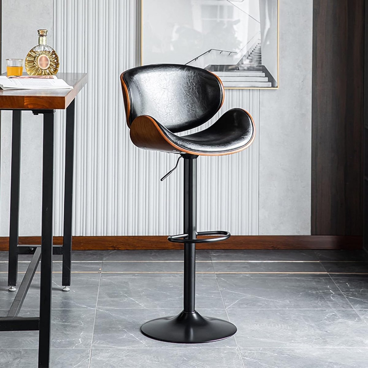 European Black Modern Bar Stools Swivel Bar Stool Chair Counter Height Barstool with 360 Degree Swivel Seat