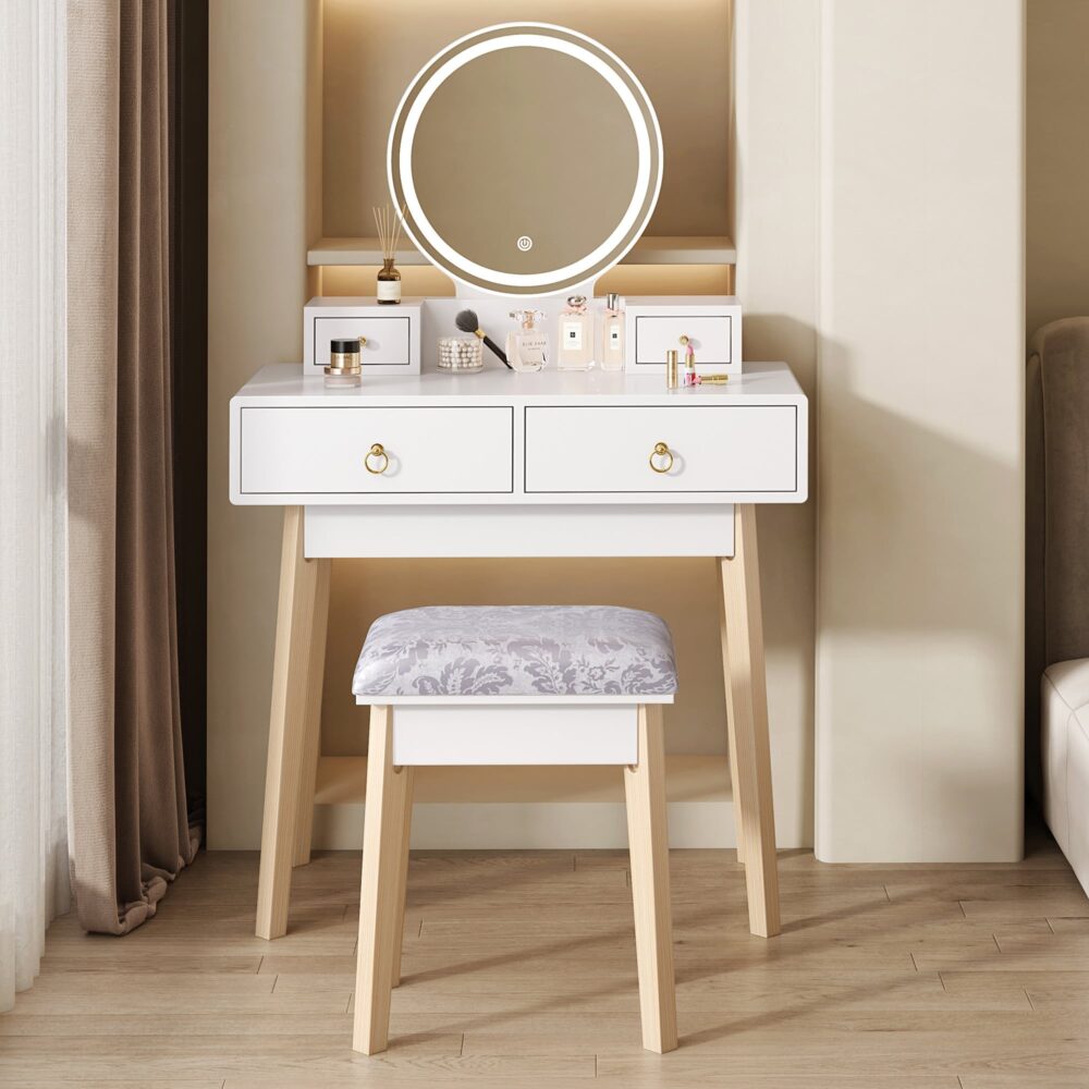 Dressing Vanity Table Stool Set with Make - up LED Lighted Mirror - White