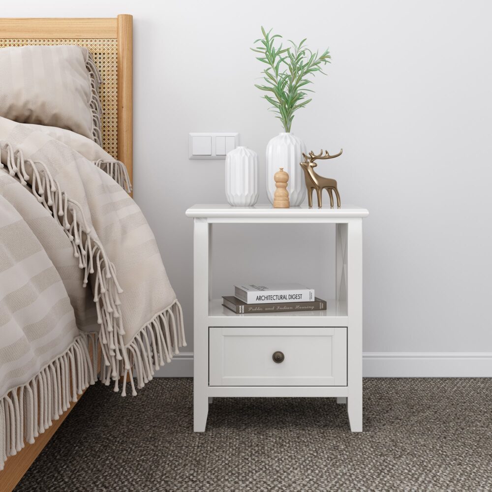 Nara 2-Tier Bedside Tables with Storage Drawer – White – Set of 2