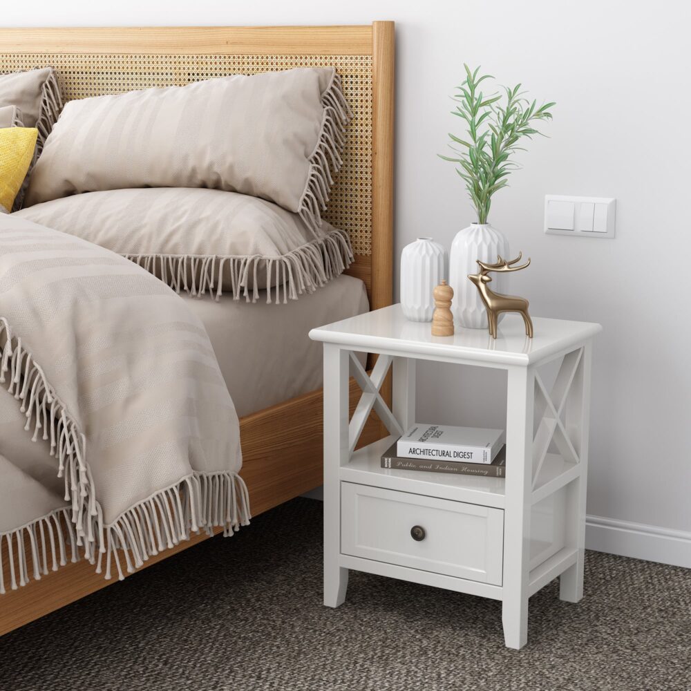 Nara 2-Tier Bedside Tables with Storage Drawer – White – Set of 2