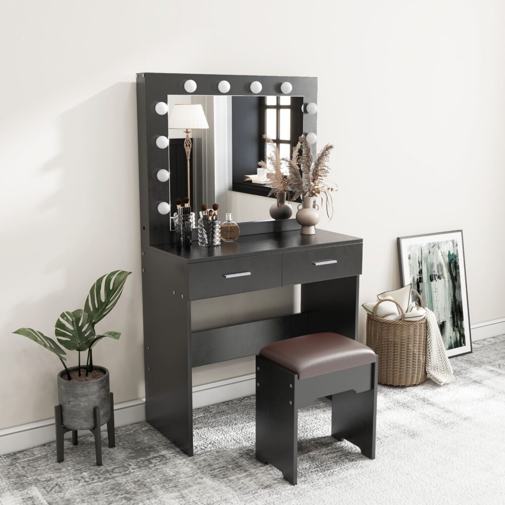 Fidel Vanity Set with Cushioned Stool and Lighted Mirror - Black