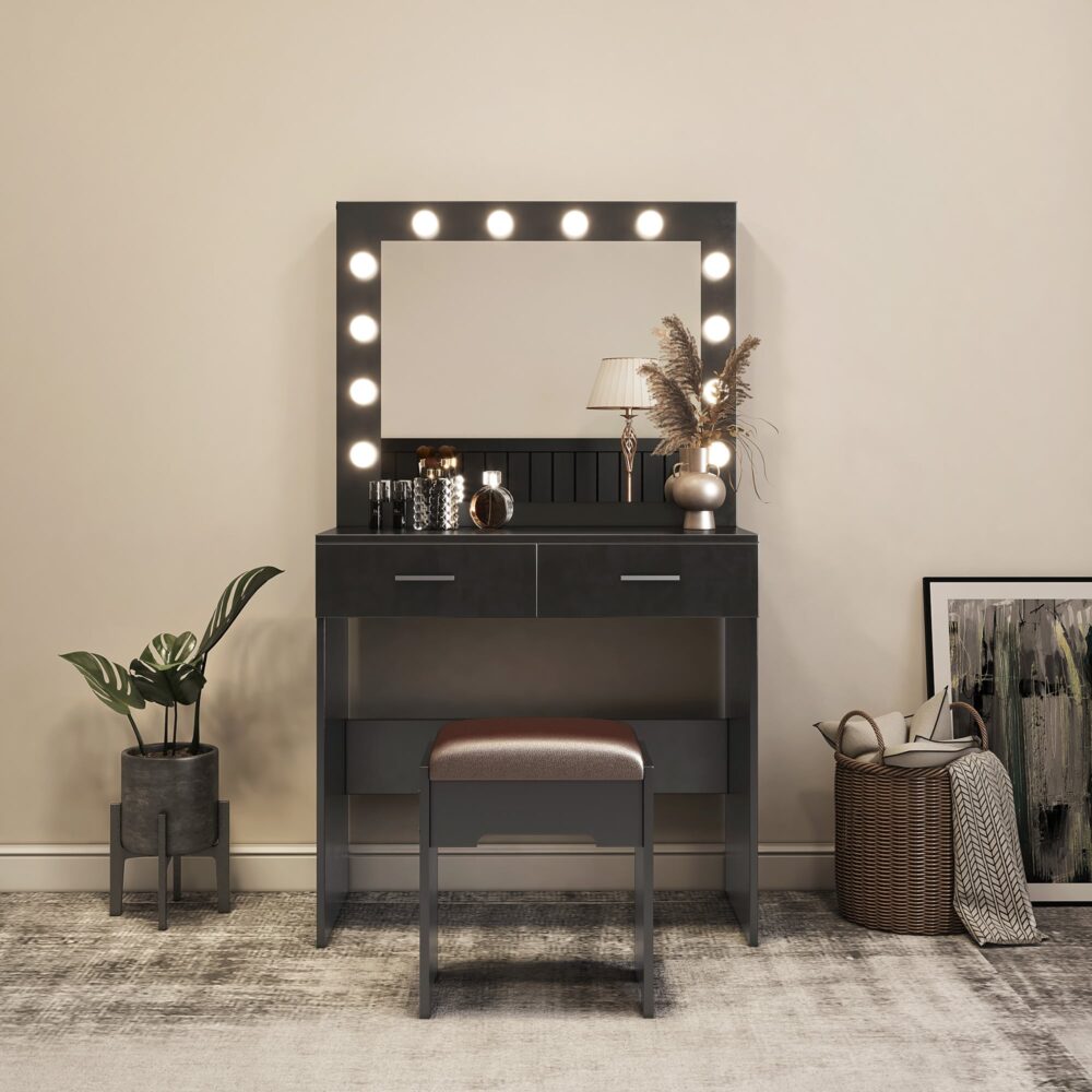 Fidel Vanity Set with Lighted Mirror – Black – Complete Set