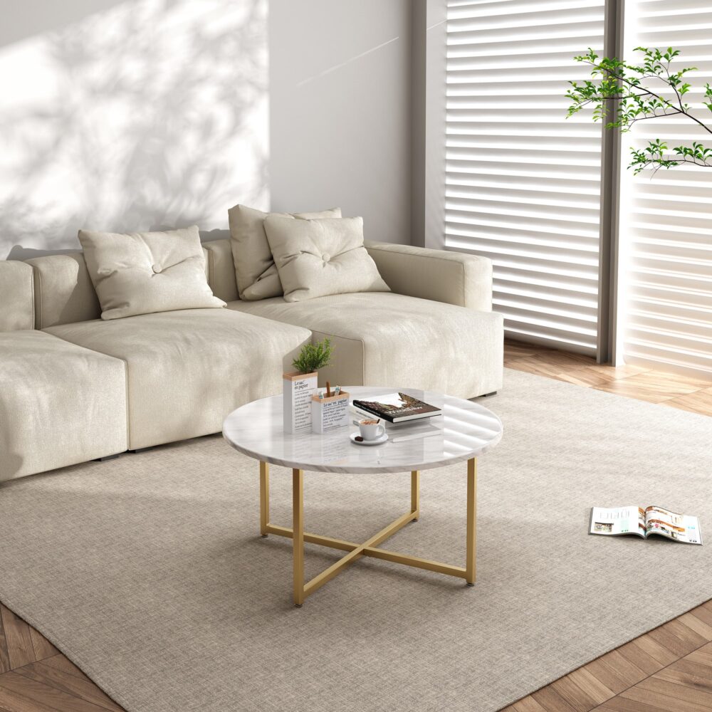 Haven Marble Effect Coffee Table – White & Gold – Round