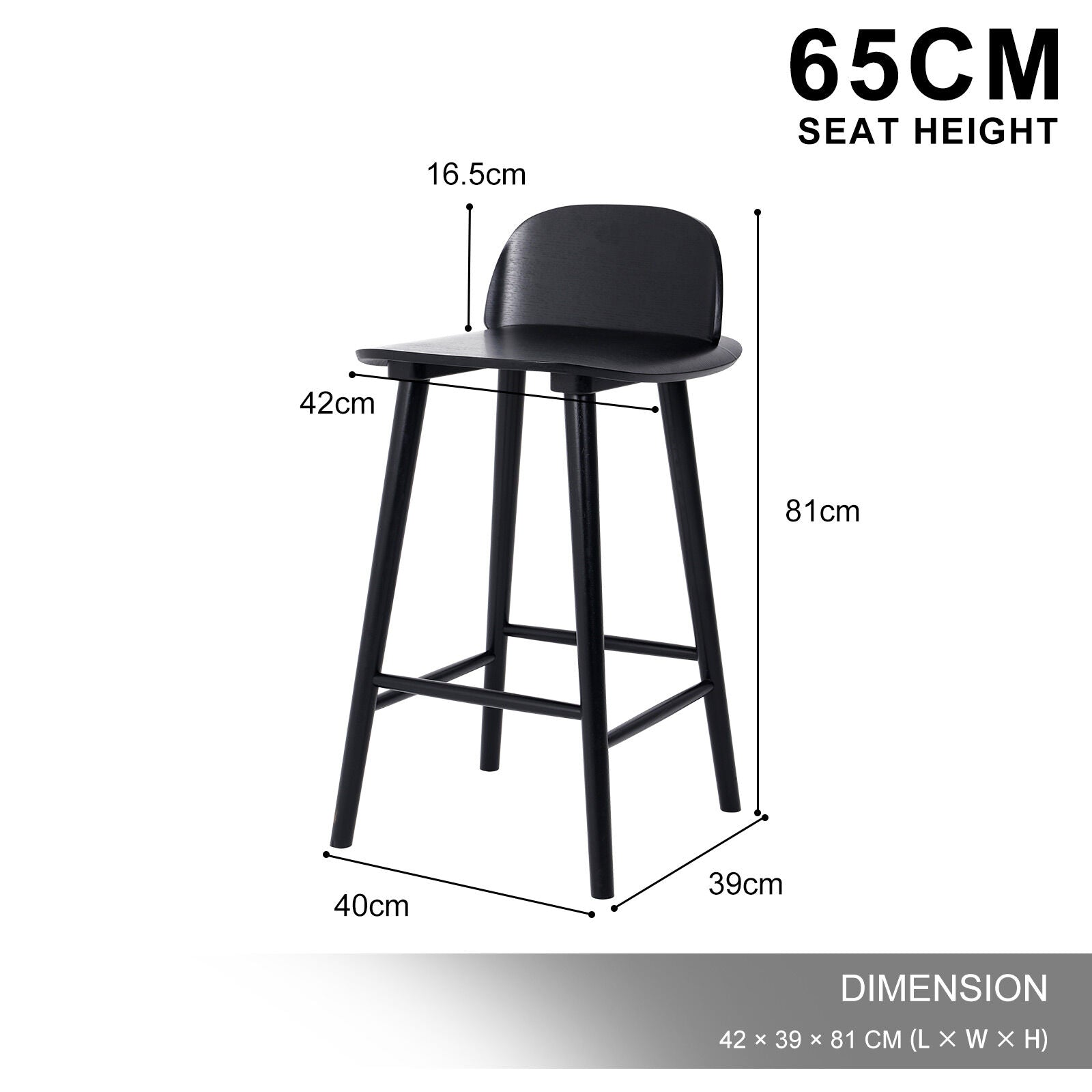 Atlas Elise Ash Wood Bar Stool 65cm – Black