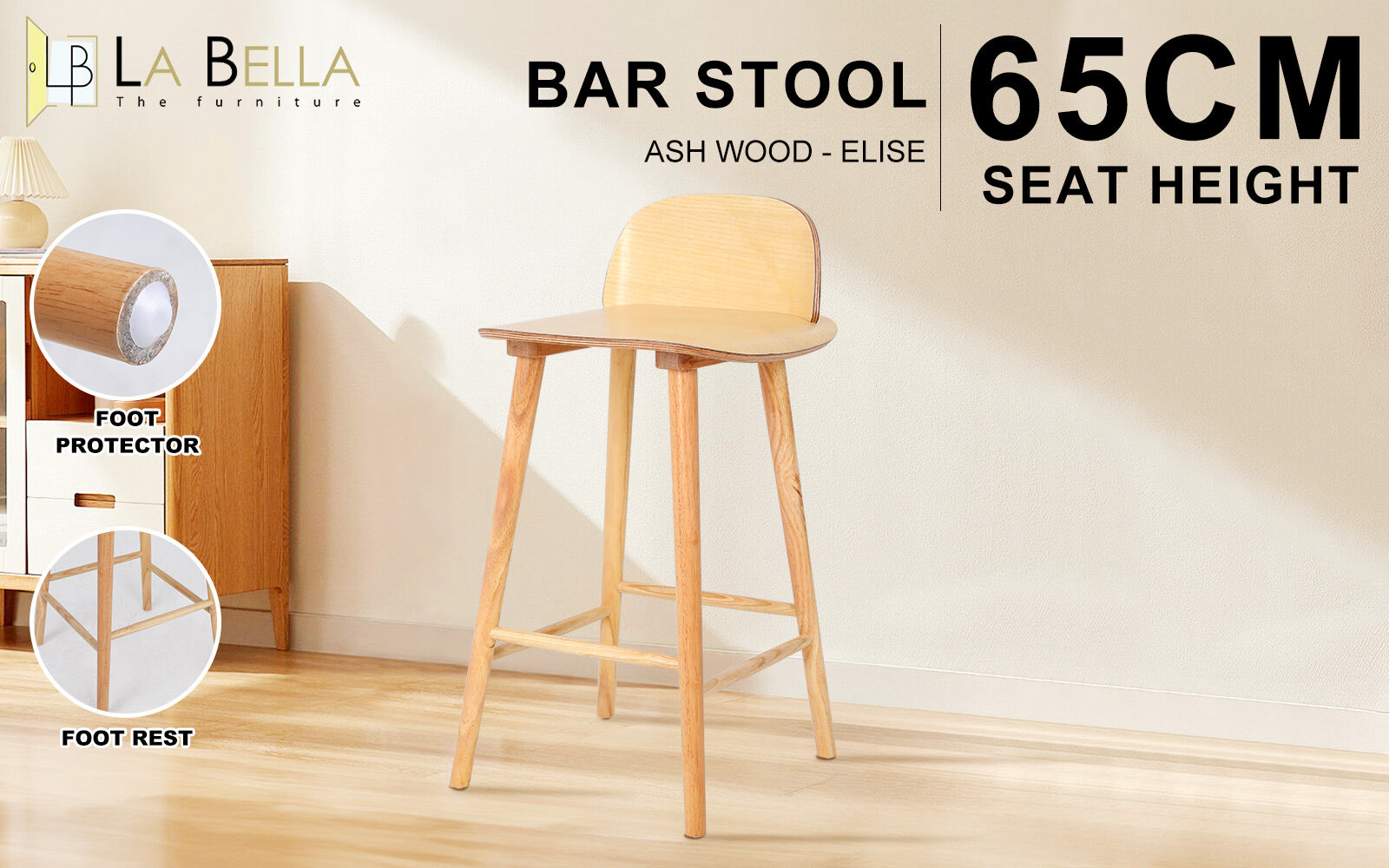 Atlas Elise Ash Wood Bar Stool 65cm – Natural