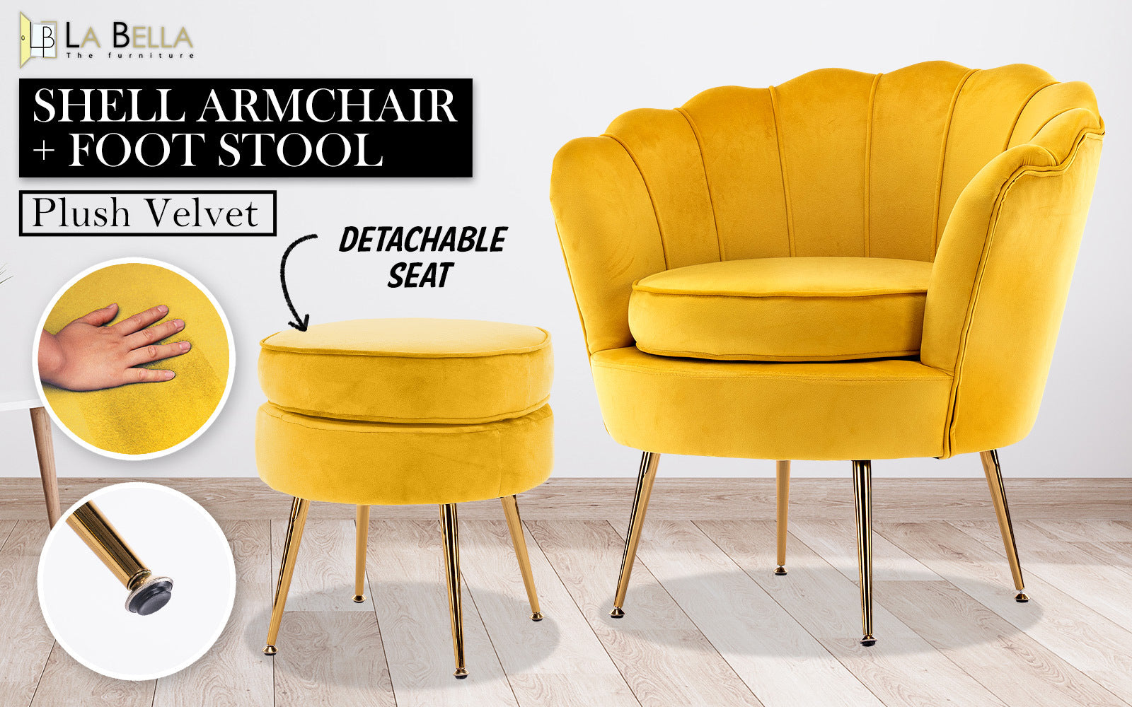 Scallop Shell Accent Chair & Ottoman Set – Yellow – Single