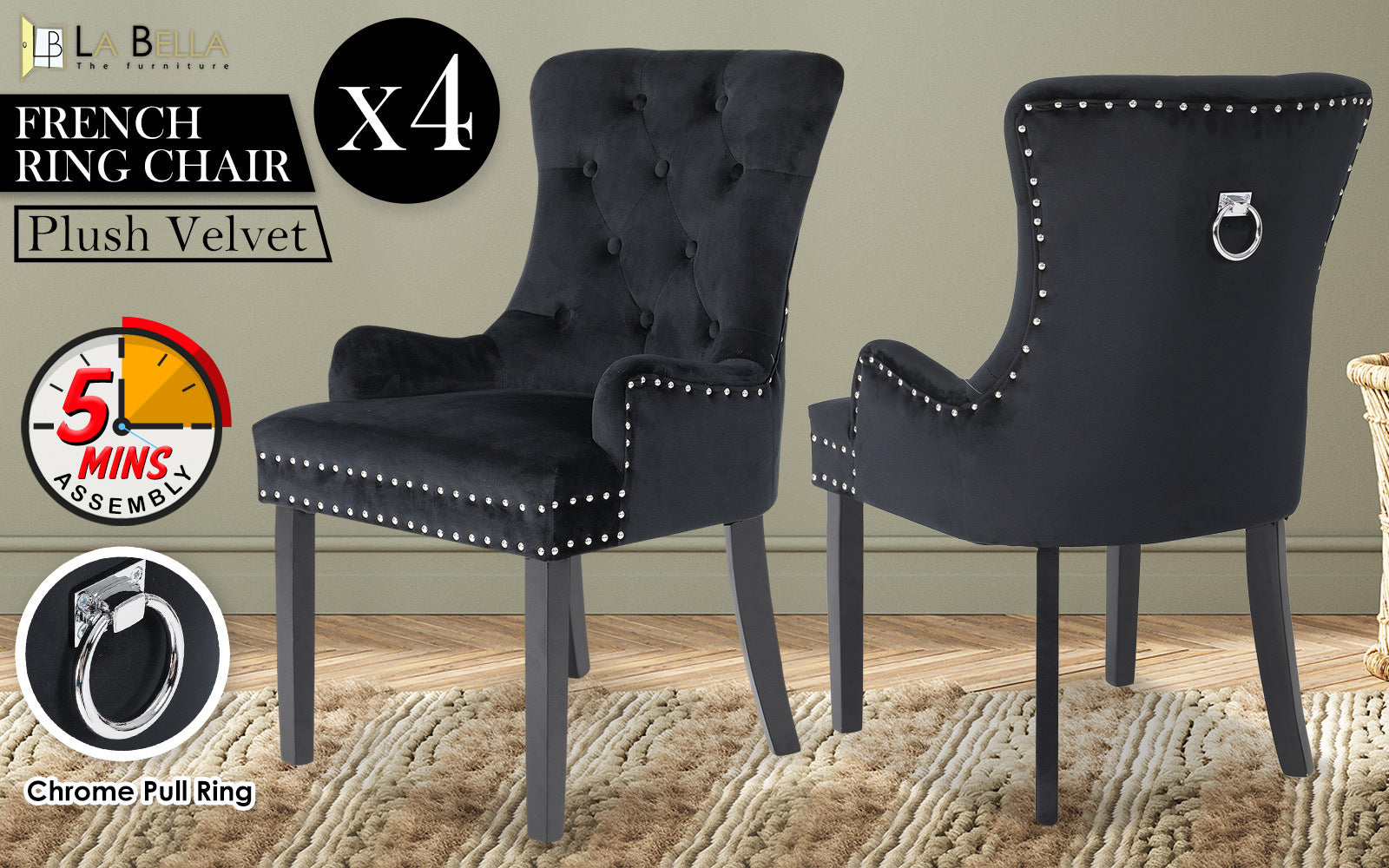 Lisse French Provincial Dining Chairs – Black – Set of 4