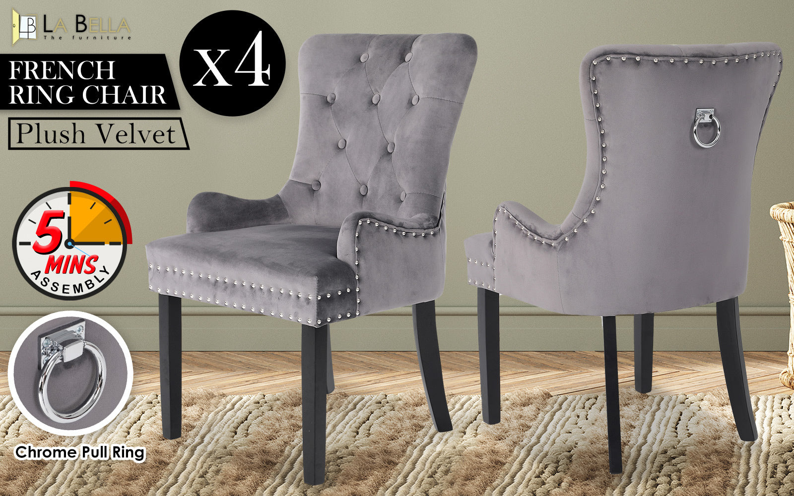 Lisse French Provincial Dining Chairs – Grey – Set of 4