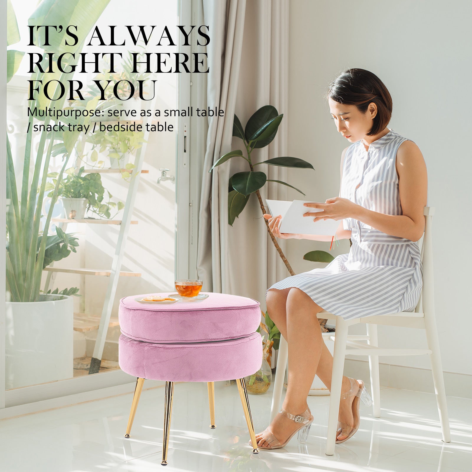 Serena Round Ottoman Footstool – Pink – Single