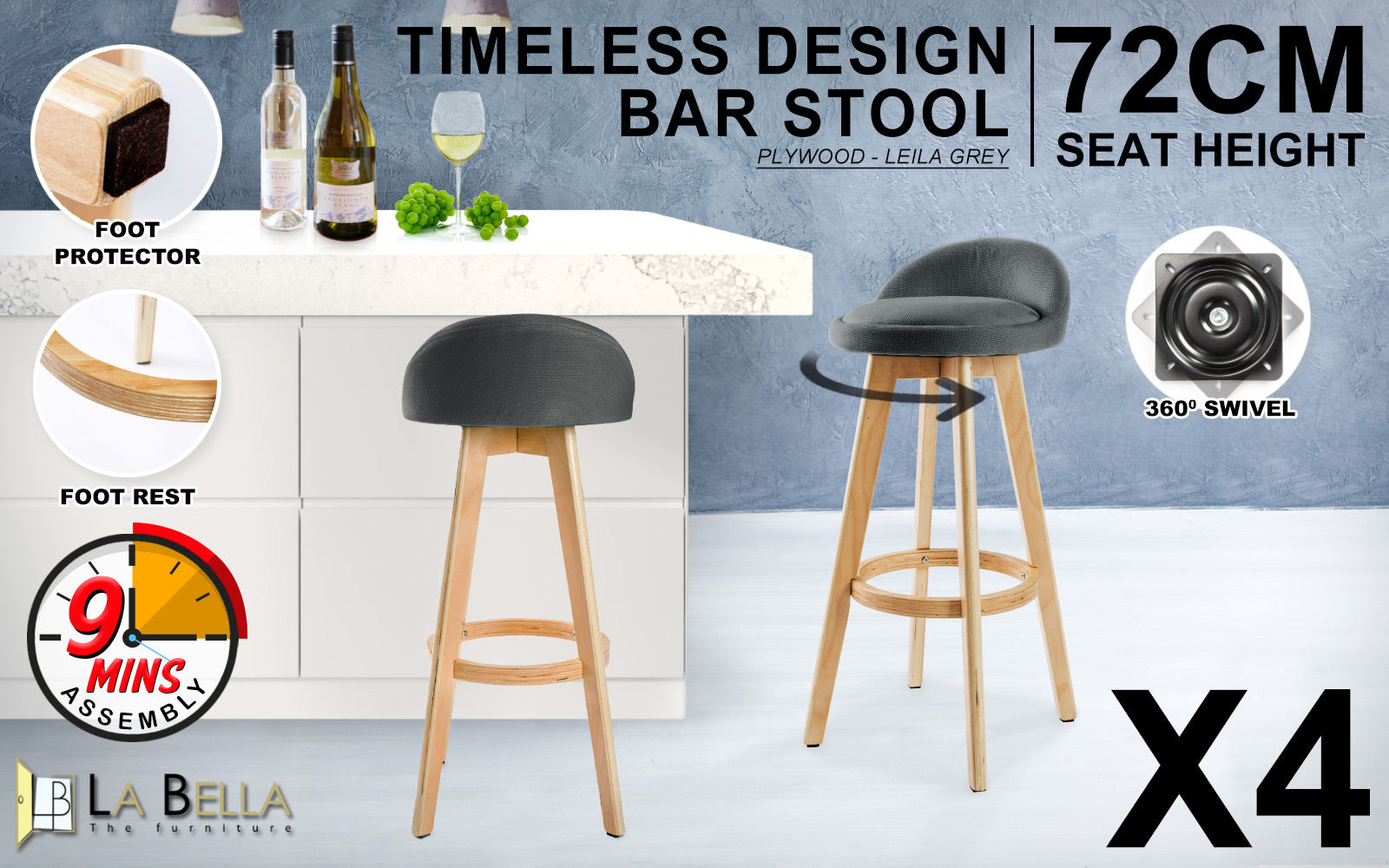 Leila Wooden Bar Stools – Grey – Set of 4