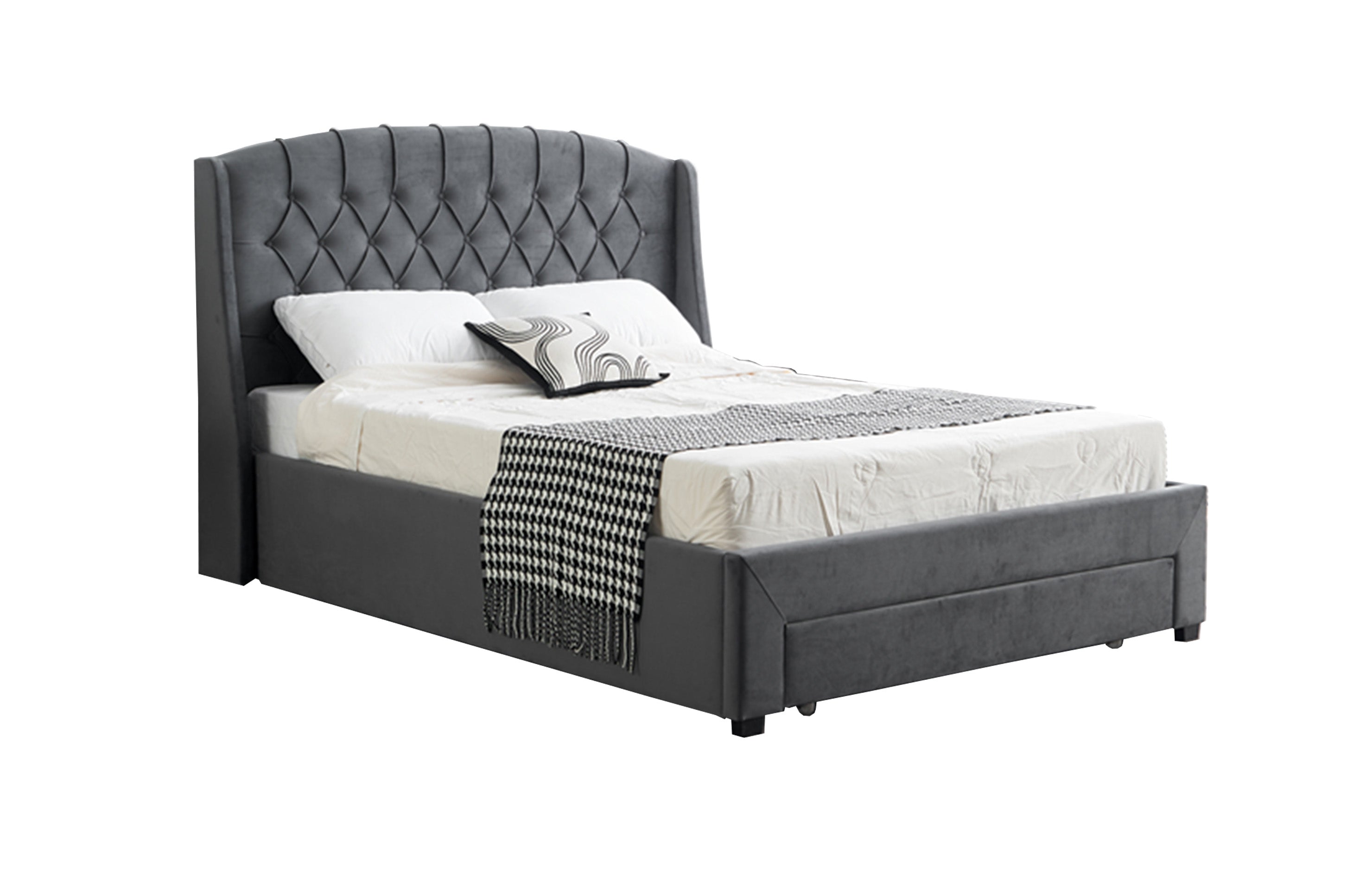 Paris Tall Tufted Velvet Dark Grey Bed with Storage Drawer – Queen