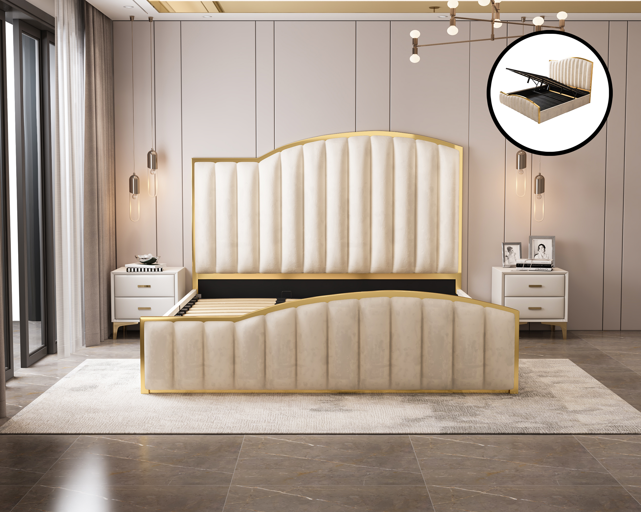 Elegant Luxury Bedframe in Beige with Gas Lift Storage Velvet Fabric Golden Trim – King