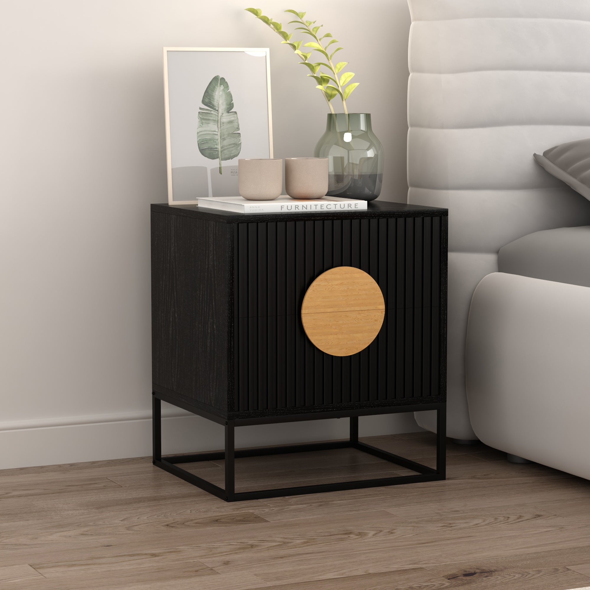 Halston Fluted Bedside Table – Black