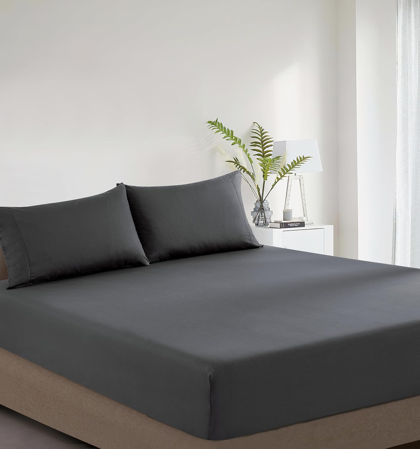 Natural Vintage Washed Cotton Fitted Sheet Set – Charcoal – Single