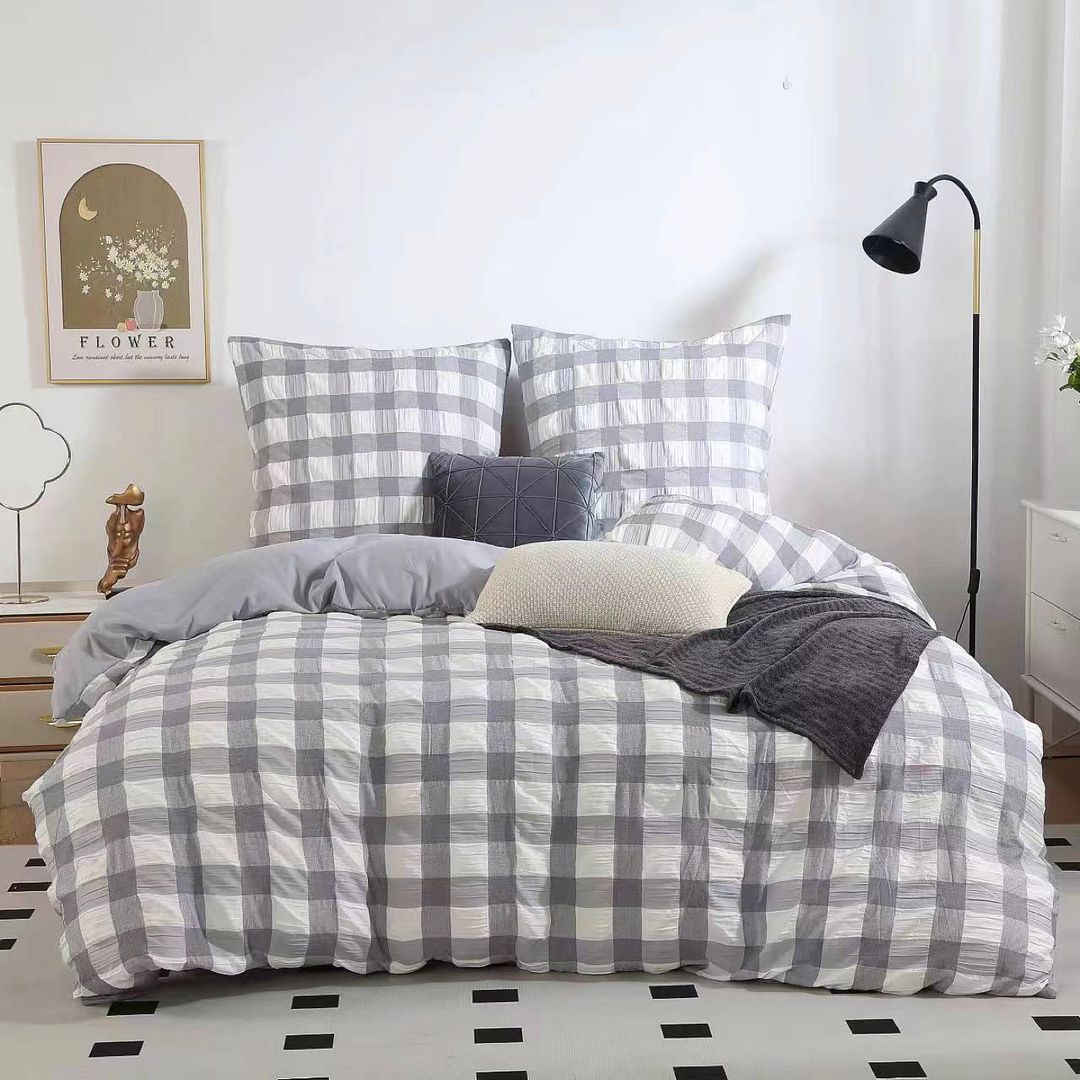Rylee Grey Check Seersucker Quilt Cover Set – Queen