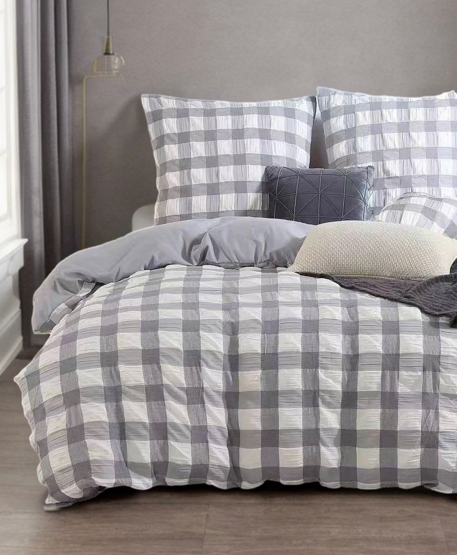 Rylee Check Seersucker Quilt Cover Set – Grey – Queen