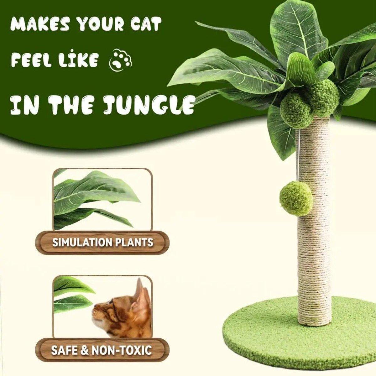 Tropical Coconut Tree Cat Scratching Post – Green & Beige – Small