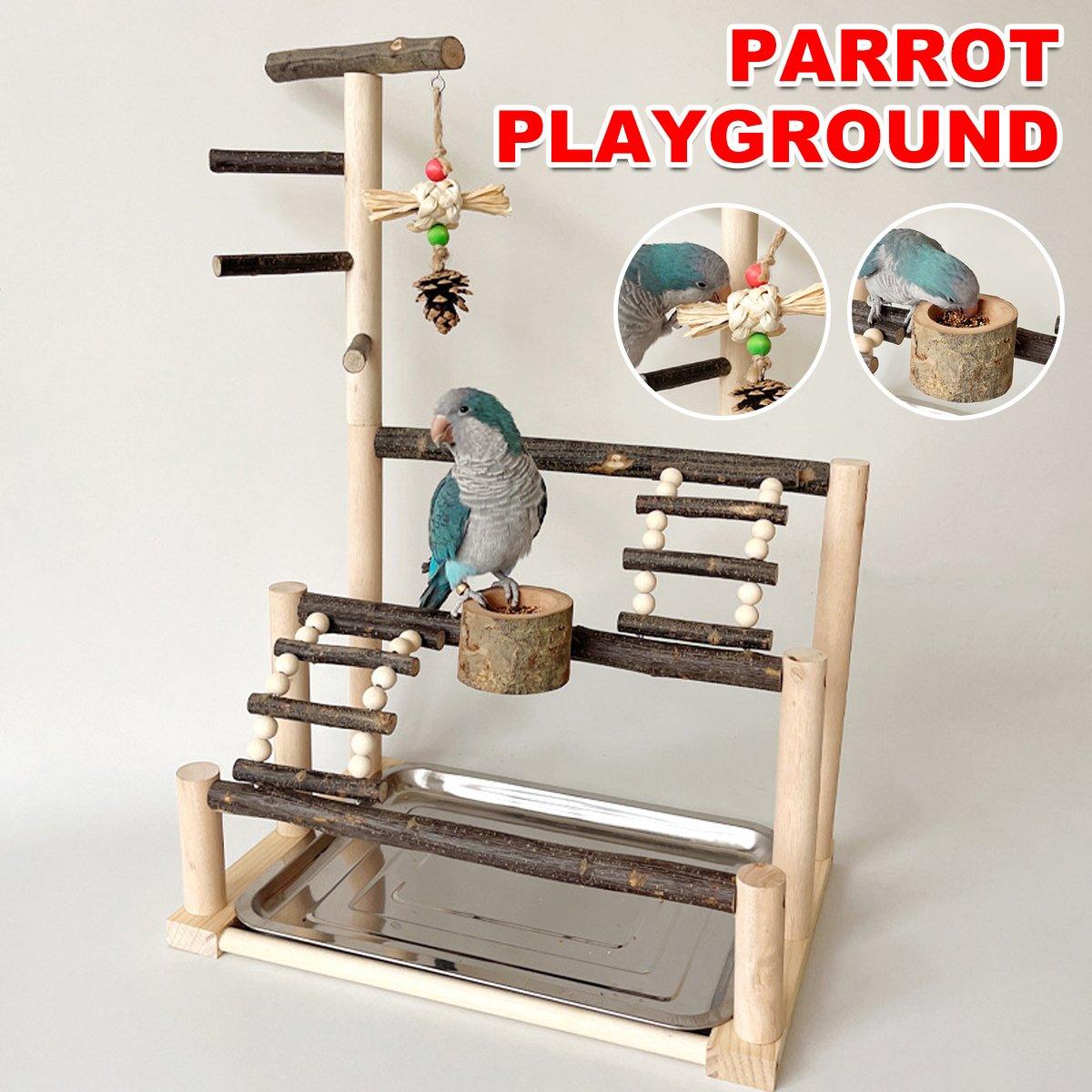 Arlo Wooden Parrot Stand Pole Interactive Bird Stand with Food Bowl Climbing Ladder