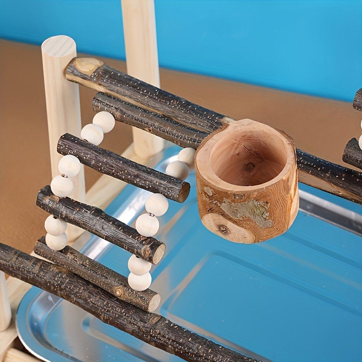 Arlo Wooden Parrot Play Stand with Climbing Ladder & Food Bowl