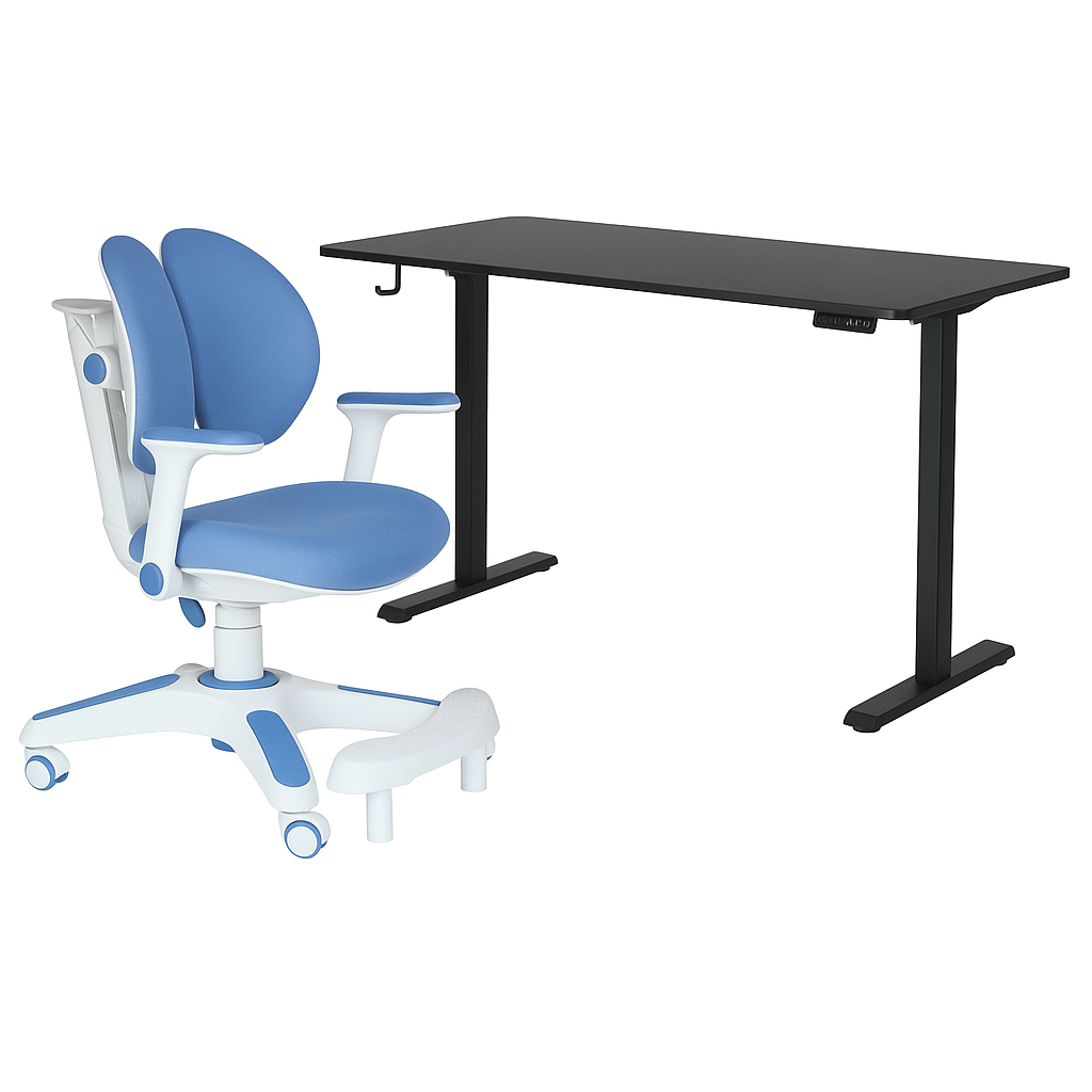 Ergonomic Kids Study Chair & Adjustable Electric Standing Desk Set - Blue Chair & Black Desk