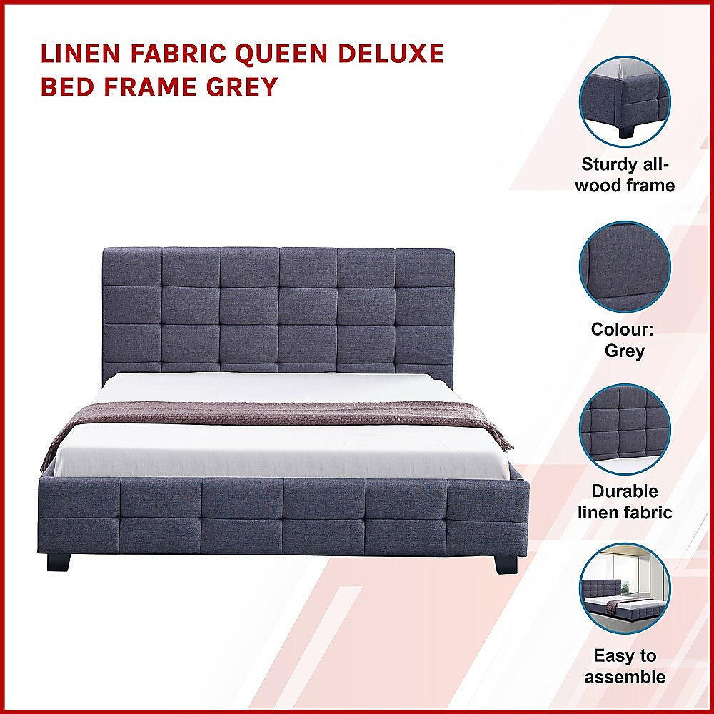 Delfina Linen Fabric Queen Bed Frame – Grey – Queen