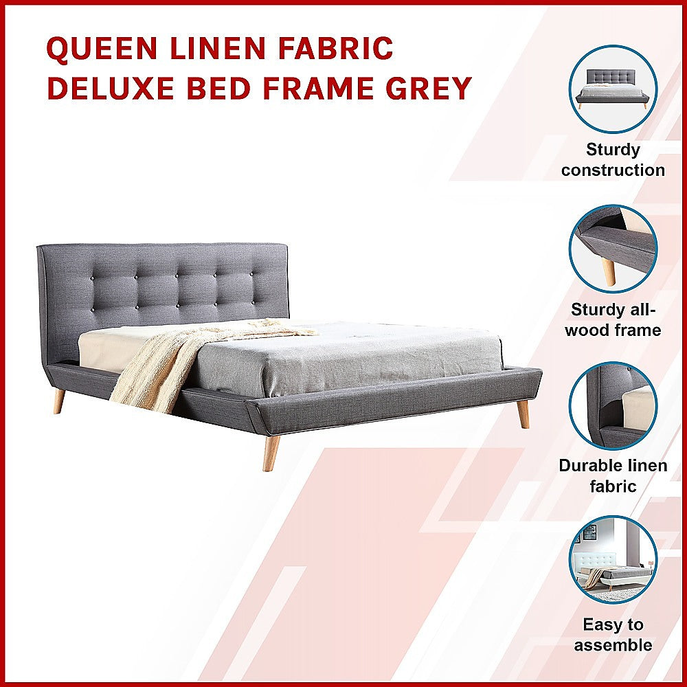 Rowan Linen Fabric Deluxe Bed Frame – Grey – Queen